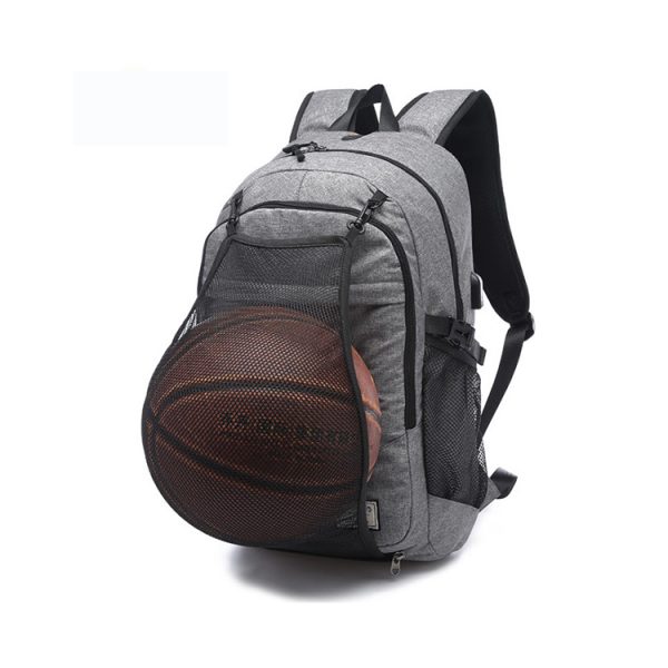 Casual sport backpack with USB Charging Port and front mesh to pack basketball,football,rugby ball