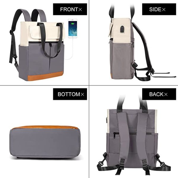 Grey travel backpack with one front zipper pocket and padded laptop compartment