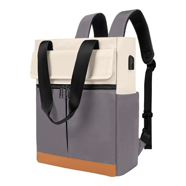 Grey travel backpack with one front zipper pocket and padded laptop compartment