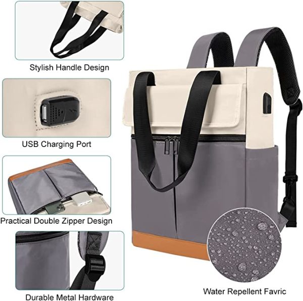 Grey travel backpack with one front zipper pocket and padded laptop compartment