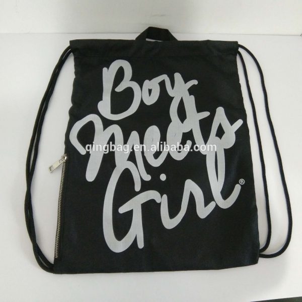 Promotional black reflective strap drawstring bags