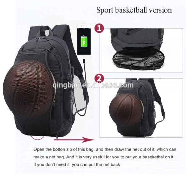 Casual sport backpack with USB Charging Port and front mesh to pack basketball,football,rugby ball