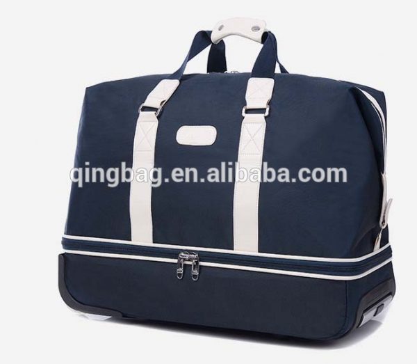 Large wheeled trolley duffel bag outdoor traveling strong blue heavy duty