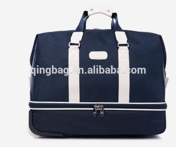 Large wheeled trolley duffel bag outdoor traveling strong blue heavy duty
