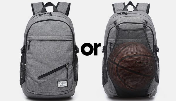 Casual sport backpack with USB Charging Port and front mesh to pack basketball,football,rugby ball
