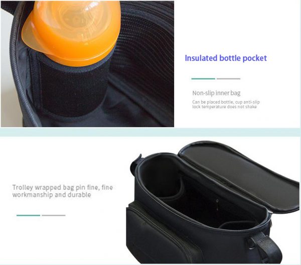 Black Baby stroller bag organizer, for bob stroller padded with insulated bottle pocket