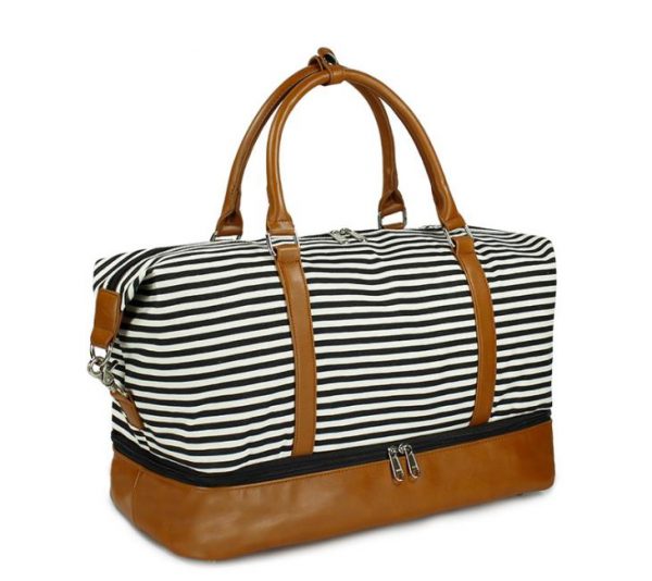 Custom high quality designer vintage retro stripe style large canvas duffel bag leather travel bag