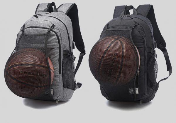 Casual sport backpack with USB Charging Port and front mesh to pack basketball,football,rugby ball