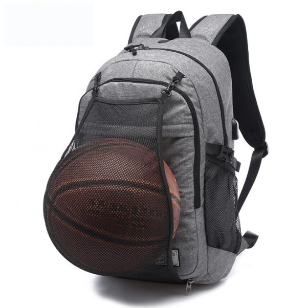 Custom sport backpack with USB Charging Port and front mesh to pack basketball,football,rugby ball